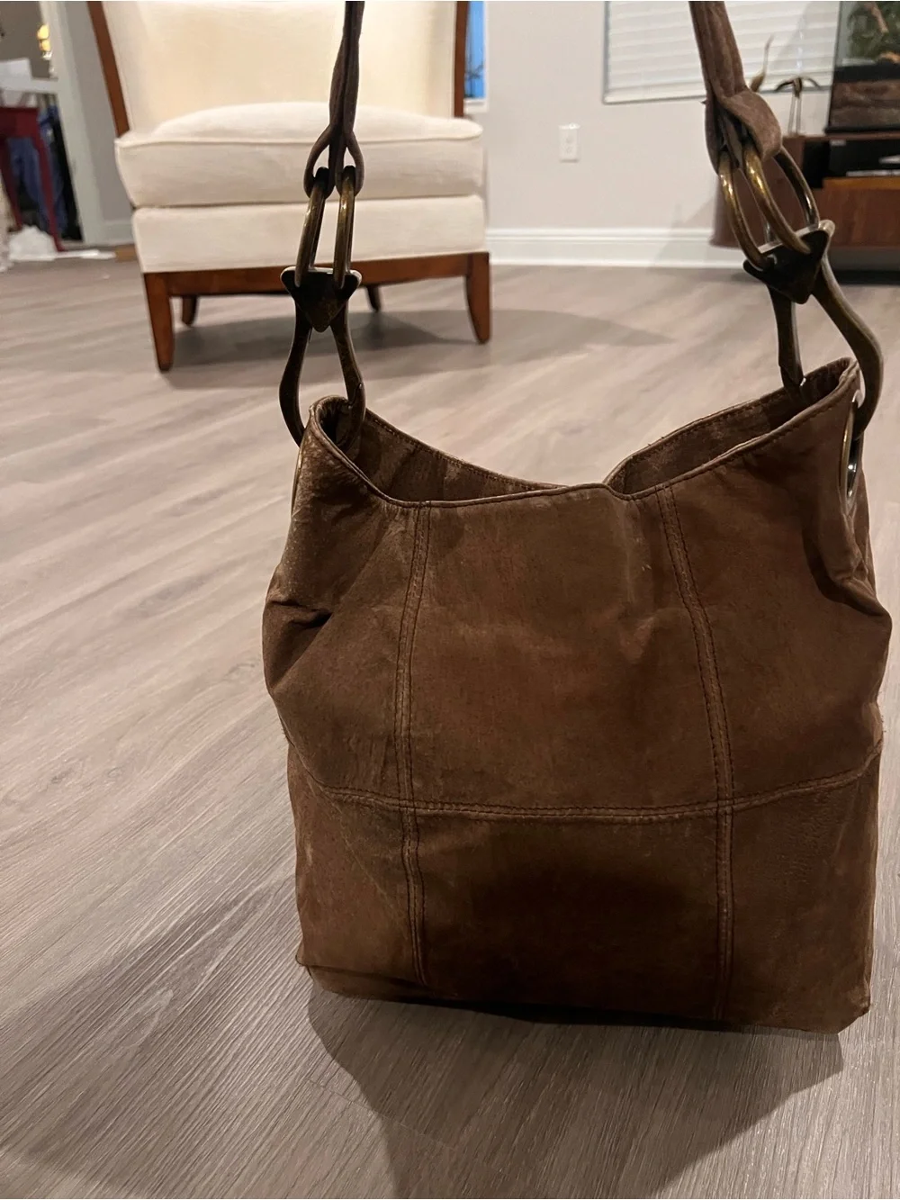 Braciano Brown Suede Hobo Bag with Brass Hardware